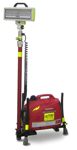 Lentry Lighting System Model 1SPECX shown with the all-terrain legs and telescoping pole fully retracted and the V-Spec LED light head straight up (not folded forward or back). Even with everything retracted, the system stands around 4.5-feet tall.