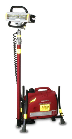 Lentry Lighting System Model 1STARX, with a V-Star LED, shown with the all-terrain legs and telescoping pole fully retracted and the light head aiming left.