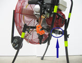 Rear view of Ventry Fan Model 24GX160 showing the optional Tachmeter mounted to the bottom of the fan frame. Opional Medium Flat-Free Wheels & Skids and Misting Kit also shown.