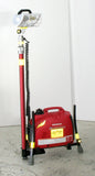 Left side view of LENTRY Light Model 1OPUPX with a 1000 watt generator and 750 watt halogen light. As shown with the three independently adjustable legs and telescoping pole fully extended, the system stands around 3-feet tall.