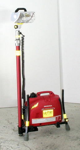 Left side view of LENTRY Light Model 1OPUPX with a 1000 watt generator and 750 watt halogen light. As shown with the three independently adjustable legs and telescoping pole fully extended, the system stands around 3-feet tall.