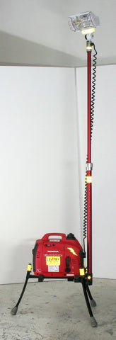 Right side view of LENTRY portable lighting system model 1OPUPX with a 1000 watt generator and a 750 watt halogen light. Shown with the three independently adjustable legs and telescoping XT height pole fully extended with the light swiveled around facing the back of the system.