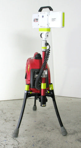 Front-facing LENTRY Light model 1SPECS with a 1000 watt generator and V-Spec LED light head. The three independently adjustable legs and telescoping pole are fully extended with the light head swiveled around facing the back of the system.