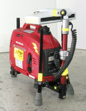 LENTRY LED light system model 1SPECS with a 1000 watt generator and a V-Spec LED. The three independently adjustable legs are fully retracted while the telescoping pole is extended just enough, allowing the ligtht head to be turned around and tilted all the way foward, over the top of the generator.