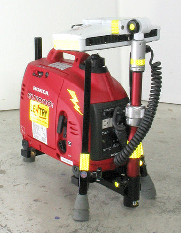 LENTRY LED light system model 1SPECS with a 1000 watt generator and a V-Spec LED. The three independently adjustable legs are fully retracted while the telescoping pole is extended just enough, allowing the ligtht head to be turned around and tilted all the way foward, over the top of the generator.