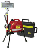 Lentry Light model 1SPECS-C23 with a 1000 watt generator and a V-Spec LED. The generator and fully extnded three independently adjustable legs are facing left, while the standard height telescoping pole and LED light head face forward. Placed behind the system is Case C2318 which holds the light head and pole when not in use.