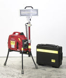 Portable Lentry Lighting LED System model 1SPECS-C23 consists of a 1000 watt generator, standard height pole, V-Spec LED (28,000 lumens), and Case C2318. With the three independently adjustable legs and telescoping pole fully extended, the system stands around 4-feet tall and next to V-Spec Case C2318 which holds the LED light head and pole when not in use.