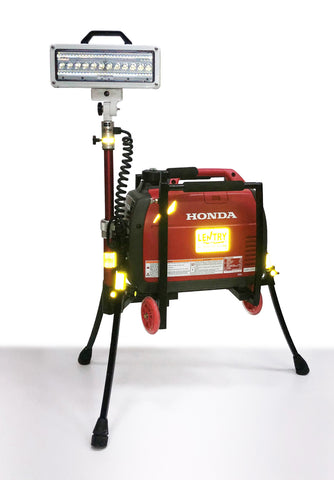 All-Terrain Lentry Lighting System Model 2SPECS shown fully extended with the Wheel & Handle Kit attached