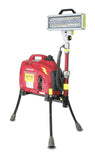 LENTRY portable light system model 1SPECS with a 1000 watt generator and V-Spec LED. The fully extended three independently adjustable legs and geneator are facing right while the telescoping pole and light head are facing at an angle to the left.