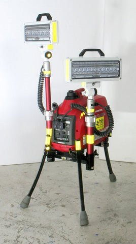 LENTRY portable light system model 1SPECSS consists of a 1000 watt generator, two standard height poles, and two V-Spec LEDs (each offering 28,000 lumens for 56,000 total lumens). The three independently adjustable legs are fully extended, while one telescoping pole is fully extended and the other pole is fully retracted. Each light head is aimed to the side, in opposite directions.