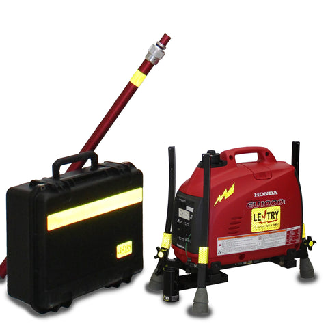 Lentry Lighting System Model 1SPECX-C23 shown ready for transport or storage, with the all-terrain legs retracted, while Case C2318 stores the LED light head and XT height pole placed next to the generator/legsp portion of the system.