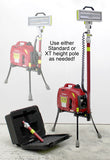Lentry Lighting System Model 1SPECX+S-C23 allows you to use either standard or XT height pole with the LED. Shown here with the XT height pole installed but fully retracted (standing about 5-feet tall and extended up to 9-feet tall), with the case open next to it with the standard height pole. To the side in an inset picture of the system utilizing the standard height pole