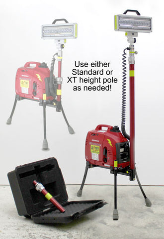Lentry Lighting System Model 1SPECX+S-C23 allows you to use either standard or XT height pole with the LED. Shown here with the XT height pole installed but fully retracted (standing about 5-feet tall and extended up to 9-feet tall), with the case open next to it with the standard height pole. To the side in an inset picture of the system utilizing the standard height pole