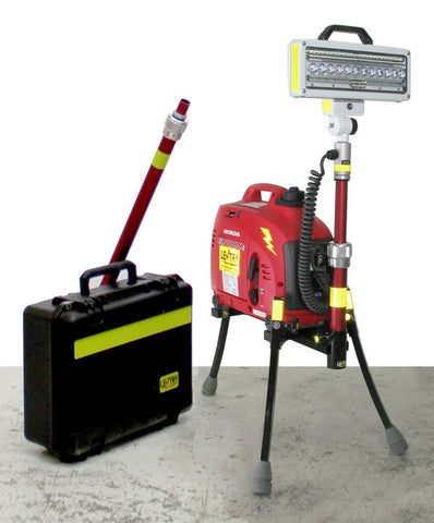 Lentry Lighting System Model 1SPECX+S-C23 shown with the standard height pole installed, XT pole beside it, and the case. that holds the light head and standard height pole when not in use.