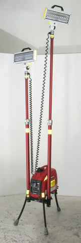 Dual Lentry V-Spec LED Lighting System Model 1SPECXX. Shown with the all-terrain legs and one of two telescoping poles fully extended and the second pole partially extended.