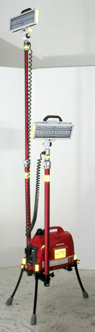 All-Terrain Lentry Light System model 1SPECXX with dual extra tall LEDs. Shown here with the three independently adjustable legs and one telescoping pole fully extended and the second telescoping pole fully retracted.