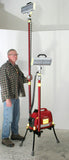 LENTRY dual V-Spec LED Scene Lighting System 1SPECXX with one LED retracted and one LED extended next to a man standing 6-feet tall