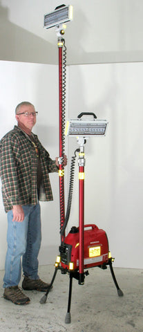LENTRY dual V-Spec LED Scene Lighting System 1SPECXX with one LED retracted and one LED extended next to a man standing 6-feet tall