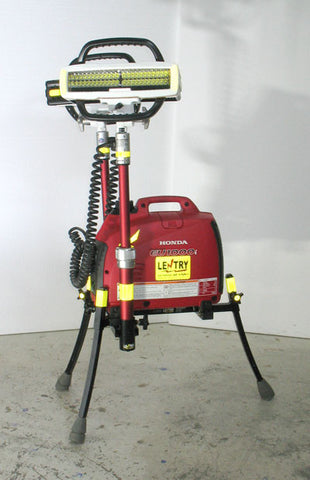 Dual V-Star LED portable LENTRY Light System Model 1STARSS shown with the three independently adjustable legs and telescoping poles fully extended and both light heads aimed in opposite directions.