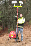 James shown extending the telescoping 2-Headed LED light head on Lentry Lighting System Model 2TWSPX-C50. The all-terrain legs are shown at different lengths inorder to keep the generator level on uneven ground. Case not shown.