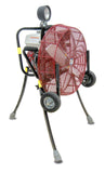 VENTRY 20GX160 20-inch fan with optional Medium Flat-Free Wheels & Skids and Entry Point Safety Light. Shown with the three independently adjustable legs and top light extended and ready for action.