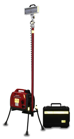 Lentry LED Lighting System Model 2SPECH-C23 shown with the all-terrain legs extended but the telescoping pole retracted. Includes a case to store the LED.