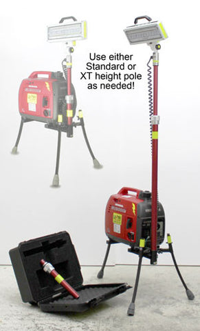 Lentry Lighting System Model 2SPECX+S-C23 includes a Honda 2200w generator, a 28,000 lumen V-Spec LED, and two telescoping poles (one standard height and one XT height).