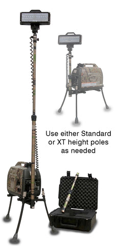 All-Terrain Camo Lentry LED Lighting System Model 2SPECX+S-C23-CMO includes a Honda 2200W generator, V-Spec LED light head, Standard & XT height poles, and Case C2318 to store the light head and standard height pole.