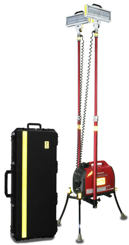 Lentry Dual LED Lighting System Model 2SPECXX-C50 shown fully extended and standing next to it's included Case C5022, which stores both LED light heads and both XT height poles.