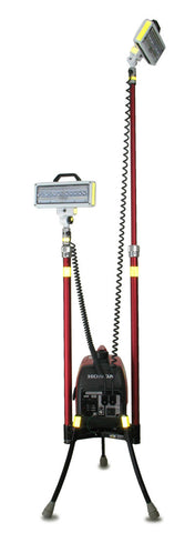 LENTRY dual LED Lighting System model 2SPECXX shown with the all-terrain legs and one LED extended and the second LED retracted.