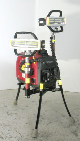 Dual V-Star LED LENTRY Portable Light System Model 2STARSS shown with the all-terrain legs and one LED fully extended and the second LED retracted