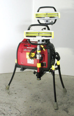 Dual V-Star LED LENTRY Portable Light System Model 2STARSS with the all-terrain legs and one telescoping light fully extended and the second telescoping light retracted