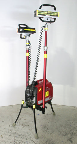 Lentry Lighting System Model 2STARXX shown with the all-terrain legs fully extended, one telescoping LED partially extended, and the second telescoping LED fully retracted