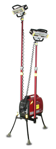 Lentry Scene or Jobsite LED Lighting System Model 2STARXX shown with the all-terrain legs and one telescoping LED fully extended and the second telescoping LED partially retracted