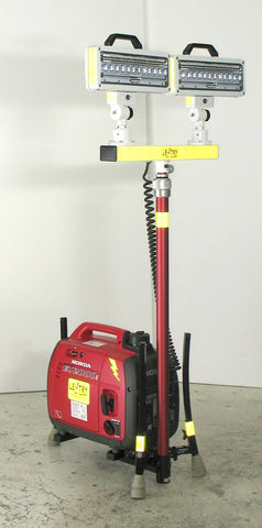Lentry Lighting System Model 2TWSPX-C50 shown with the all-terrain legs and telescoping 2-Headed LED light head fully retracted. Case not shown.