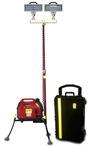 Lentry Jobsite and Scene Lighting System Model 2TWSPX-C34 standing fully extended at 9-feet tall, next to included Case C3422, which holds the 2-Headed LED light head