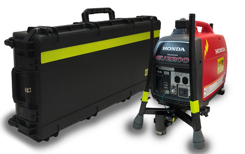 Lentry Lighting System Model 2TWSPX-C50 shown ready for transport or storage with the all-terrain legs retracted to protect the generator and the 2-Headed LED light head and XT height pole stored inside the protective case