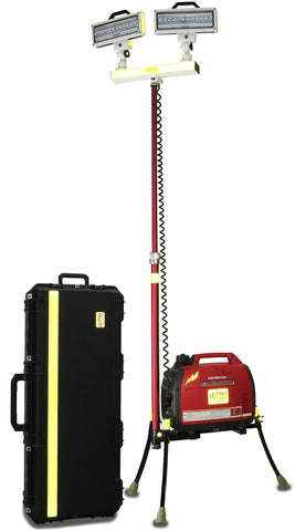 All-Terrain Lentry 2-Headed LED Lighting System Model 2TWSPX-C50 fully extended stands 9-feet tall, standing next to included Case C5022