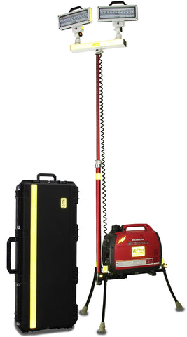 All-Terrain Lentry 2-Headed LED Lighting System Model 2TWSPX-C50 fully extended stands 9-feet tall, standing next to included Case C5022