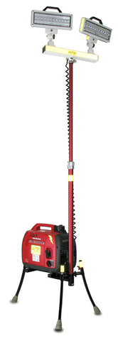 All-terrain Lentry 2-Headed LED Lighting System Model 2TWSPX-C50 shown fully extended, standing at 9-feet tall. Case not shown.