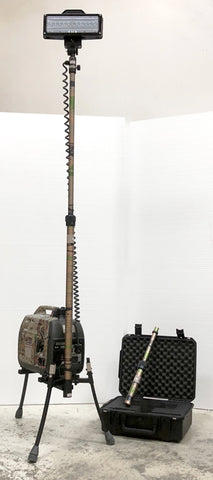 Portable Camo Lentry Lighting System Model 2SPECX+S-C23-CMO with XT pole installed and fully extended. Standard height pole and case to the side.