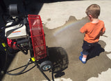 Even when the Ventry Fan is at idle, the Mister provides cooling mist. Here, a toddler plays in the mist while the Ventry Fan sits at idle.