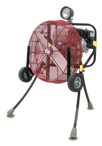 Ventry 20-inch fan model 20GX160 with optional Medium Flat-Free Wheels & Skids and Entry Point Safety Light. The top light and the three independently adjustable legs are shown fully extended.