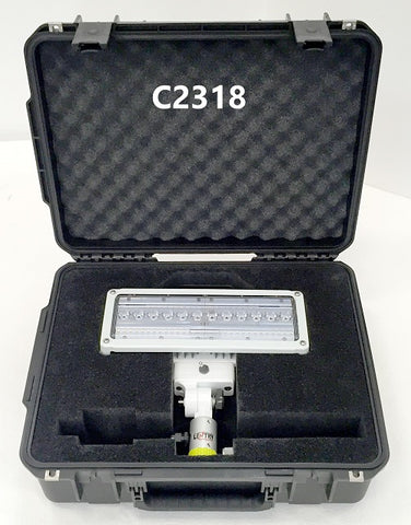 Lentry Case C2318 shown open with a V-Spec LED light head inside.