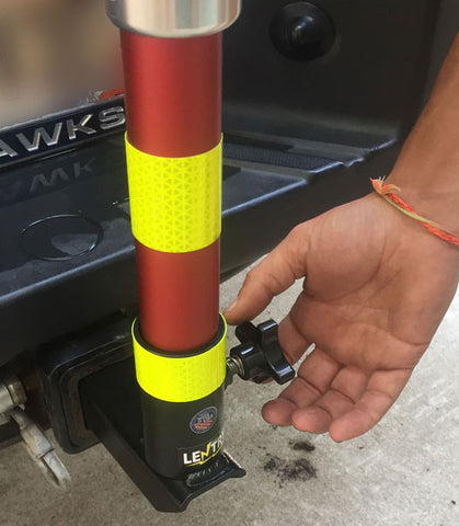 Easily attach/detach any Lentry Lighting System's telescoping poles to the Receiver Hitch Pole Mount with a simple turn of a knob, as shown