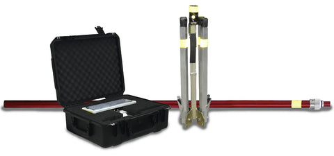 Lentry Utiilty Lighting System Model SPECH-SS-C23 shown disassembled and ready for transport or storate with the utility stand's all-terrain legs retracted and the LED light head stored in the protective case