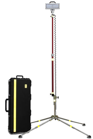 Lentry Utiilty Jobsite Lighting System Model SPECX-SS-C50 shown fully extended at 11-feet tall and standing next to included Case C5022