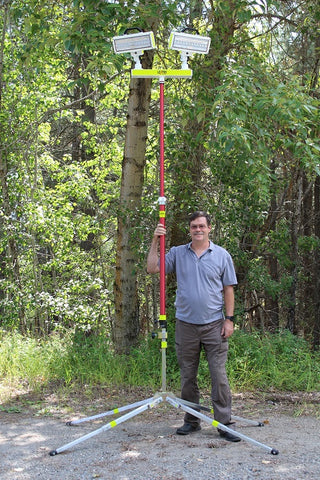 All-Terrain Lentry Jobsite Lighting System Model TWSPX-SS-C50 includes a 2-Headed V-Spec LED light head which offers 56,000 lumens total. This system stands over 11-feet tall when fully extended as shown, next to James, who stands over 6-feet tall. Case not shown