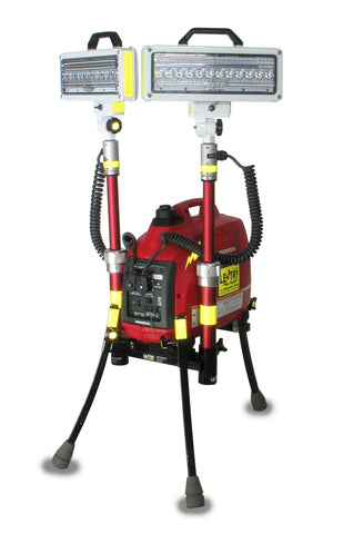 Lentry portable lighting system model 1SPECSS with a 1000 watt generator and two standard height V-Spec LED lights. Shown with the three independently adjustable legs and telescoping poles fully extended.