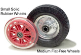 Two wheel options are available on Ventry Fans. Both the Small Solid Rubber Wheels and Medium Flat-Free Wheel are shown next to each other for comparison.